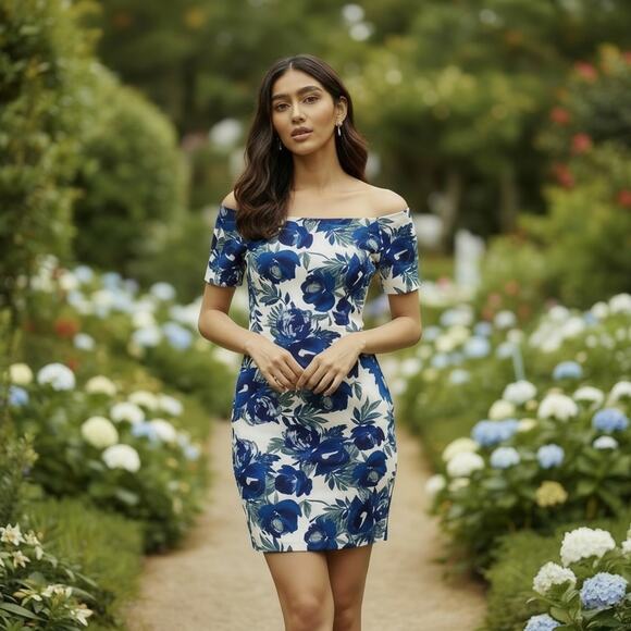 Calvin Klein Dresses & Skirts - Calvin Klein White Fitted Boat Neck Dress With Blue Flowers Size 4
